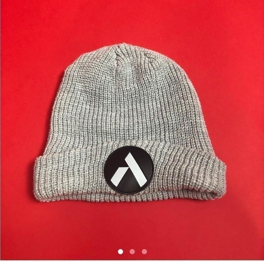 Grey beanie with leather V patch 🤍🖤​​​​​​​​​​​​​​​​​​​​​​​​​​